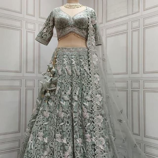 Sage green, mint green, and pale pink accents Lehenga Choli