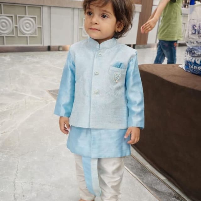 Light blue, white, off-white Indo-Western Set