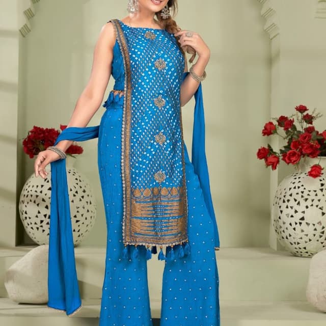 Bright blue base with metallic gold accents Sharara Suit