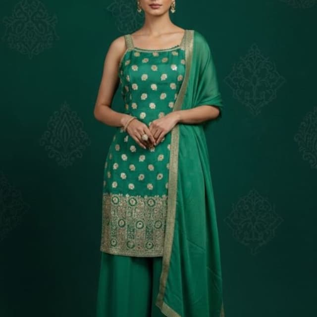 Emerald Green and Gold Salwar Kameez with Palazzo