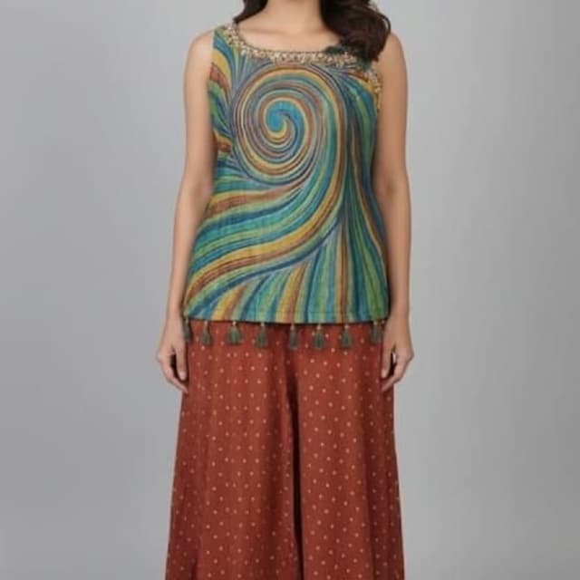 Multicolor spiral top (blue, green, yellow, orange) with rust-brown pants and dark blue border Co-ord set