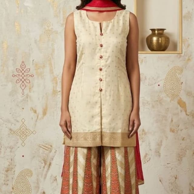 Cream, Red, Gold Sharara Set