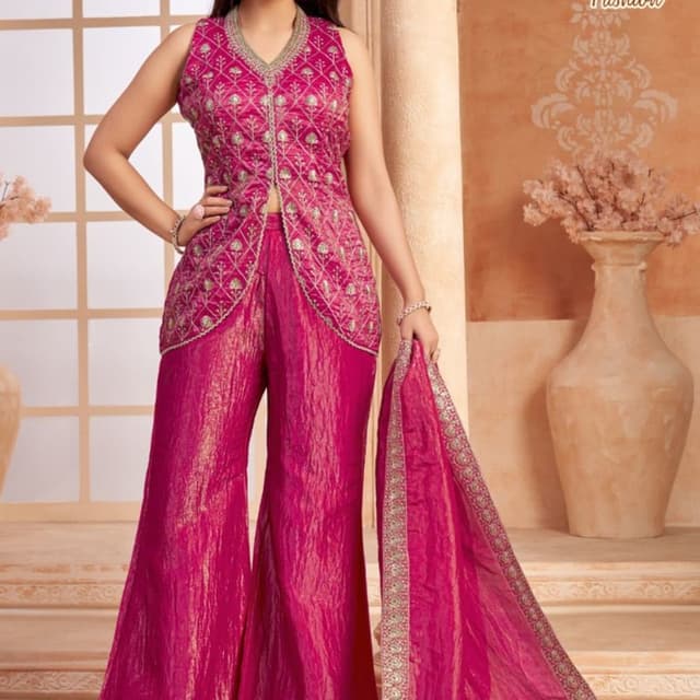 Magenta with gold accents Lehenga Choli set with a jacket-style top and flared pants