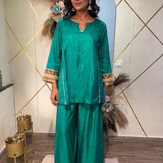 Emerald Green with Gold trim and hints of magenta at neckline Kurta Set with Palazzo
