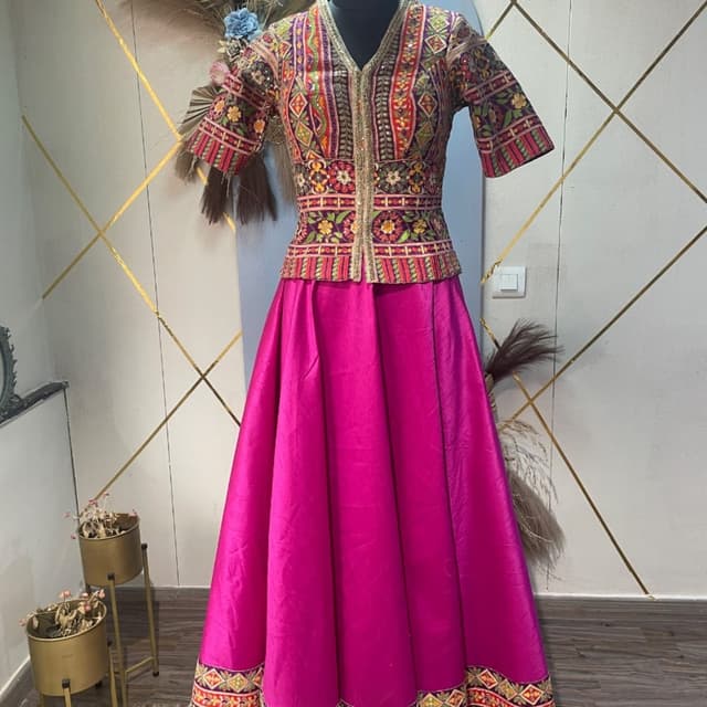 Magenta, Multi-colored embroidery, Gold Lehenga Choli with Koti style top