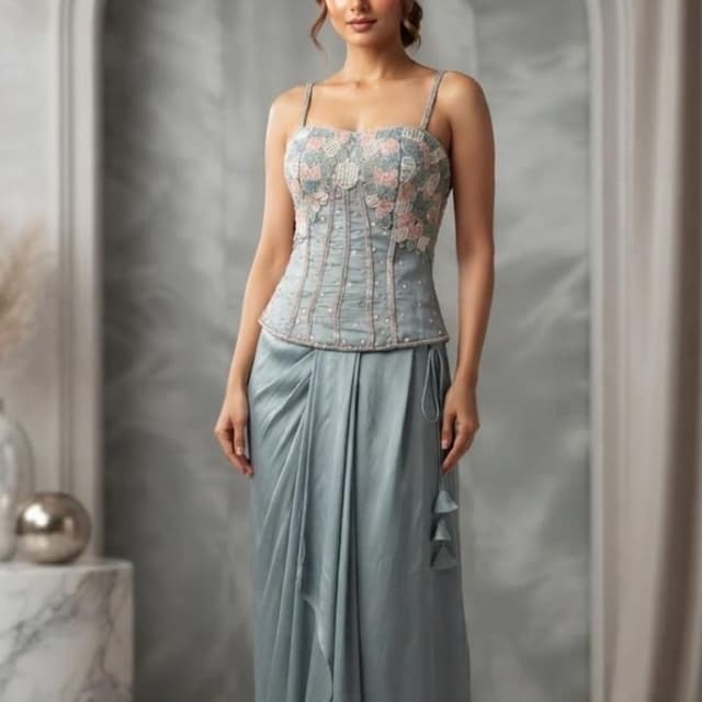 Dusty blue, muted pink, and soft sage green accents Lehenga Choli with Draped Skirt