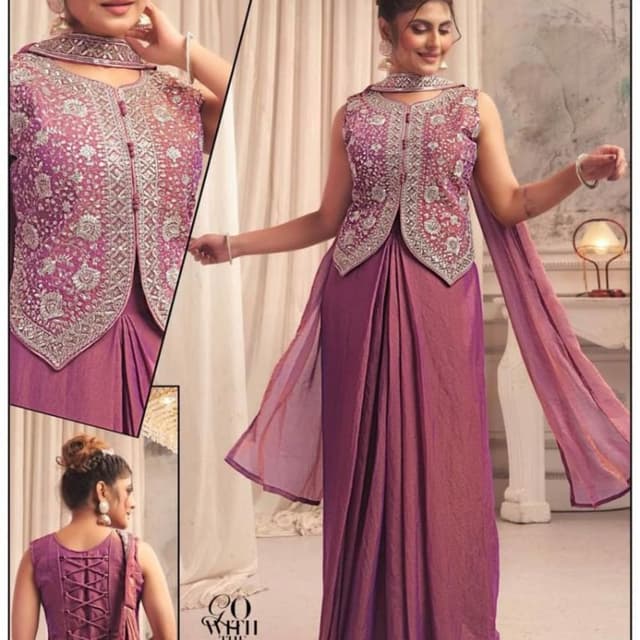 Deep Purple, Mauve, Silver Indo-Western Saree Gown