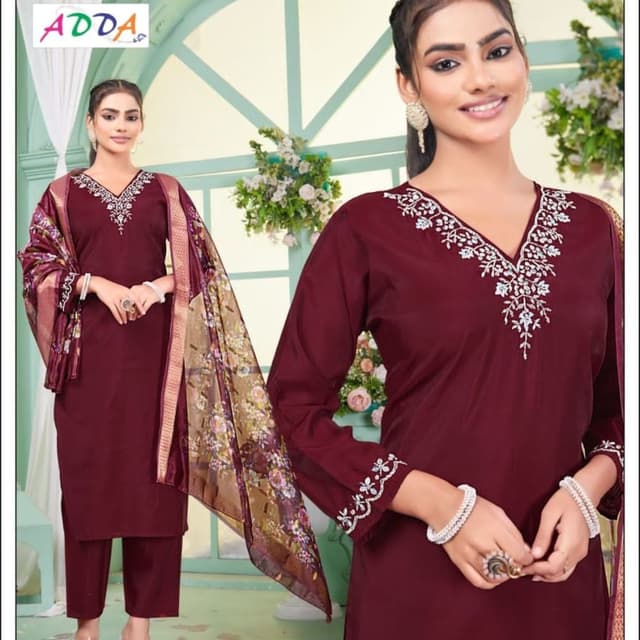 Deep maroon, gold, and multi-color floral print on the dupatta Salwar Suit Set