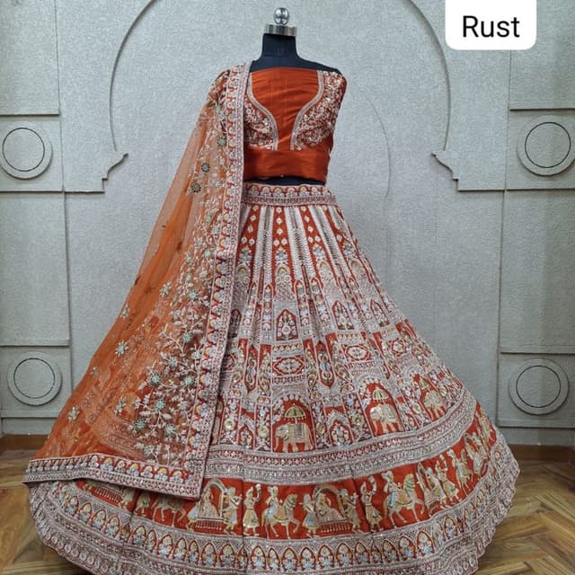 Rust Orange with Silver, Gold, and multicolored accents Lehenga Choli