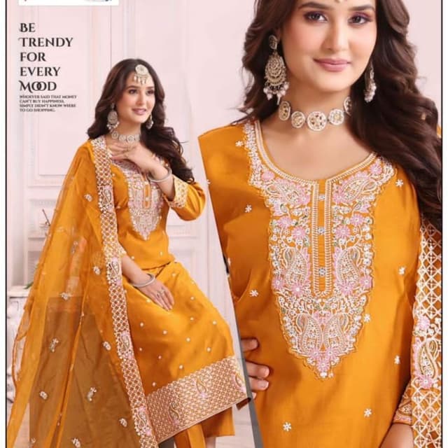 Mustard Yellow, White, Pink Salwar Kameez (Kurta, Pants, Dupatta set)