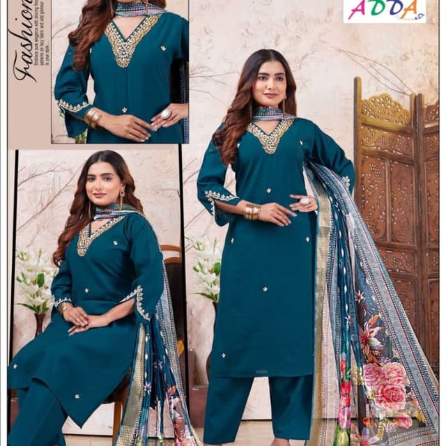 Teal blue base with multi-colored floral accents on the dupatta Salwar Kameez Suit