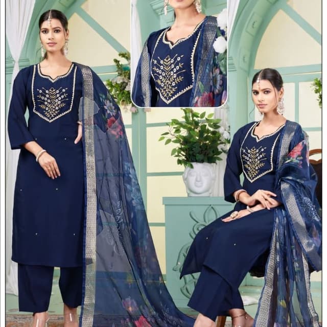 Navy Blue with gold and multicolor floral accents Salwar Kameez Set