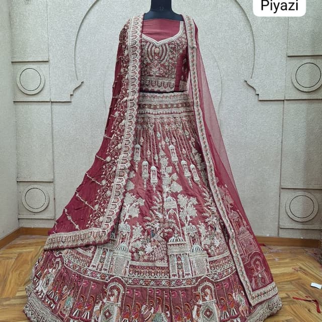Maroon, Deep Red, Silver, and multi-colored embroidery Lehenga Choli