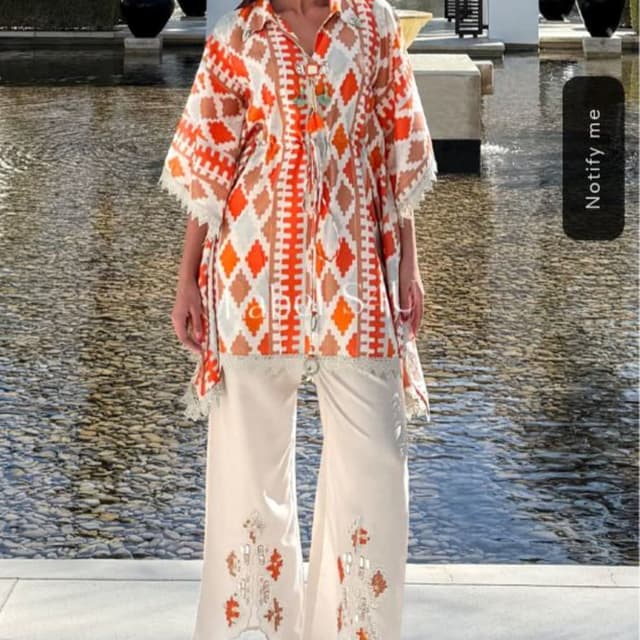 Off-white, Burnt Orange, and Beige Co-ord set (Kaftan tunic and palazzo pants)