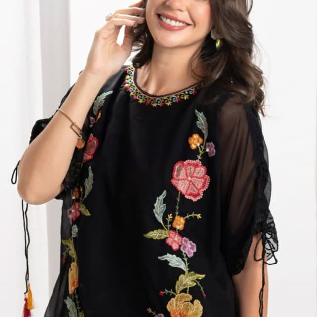 Black base with multi-colored embroidery including red, orange, pink, yellow, and green Kurti / Tunic