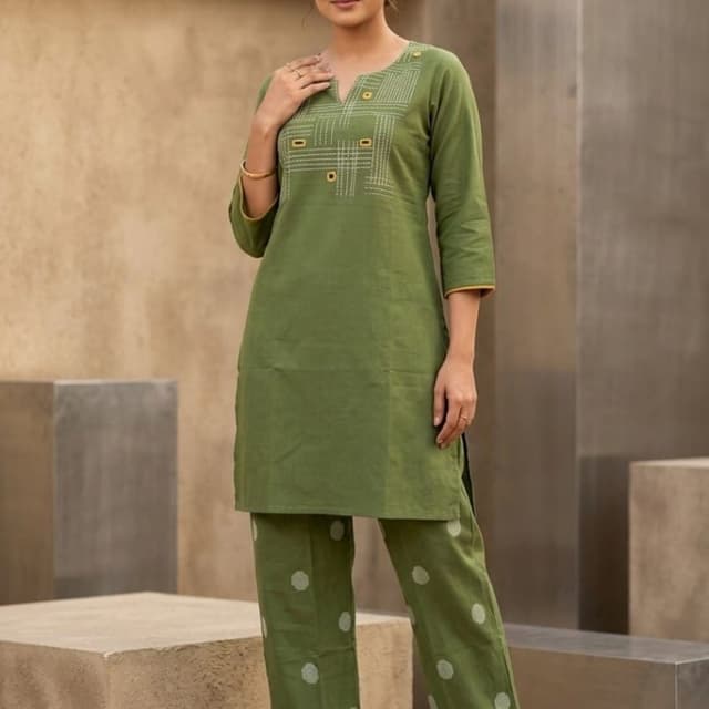 Olive green with white and mustard yellow accents Kurta set with pants