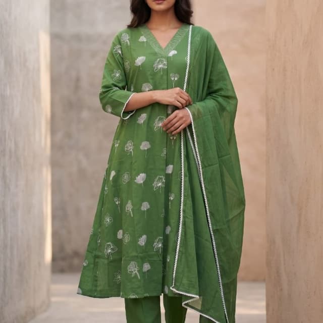 Sage green base with white detailing Kurta Set with Dupatta