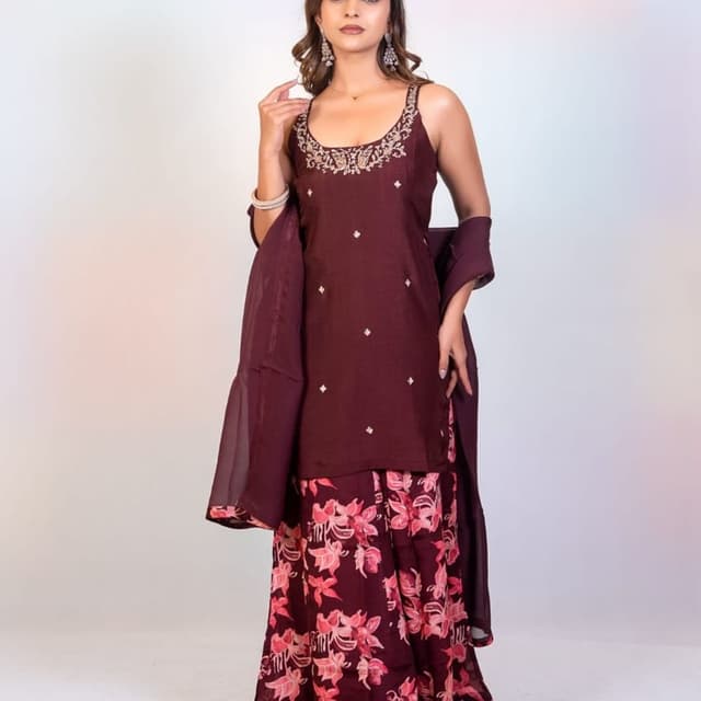 Deep maroon base with light pink and peach floral accents Sharara Set