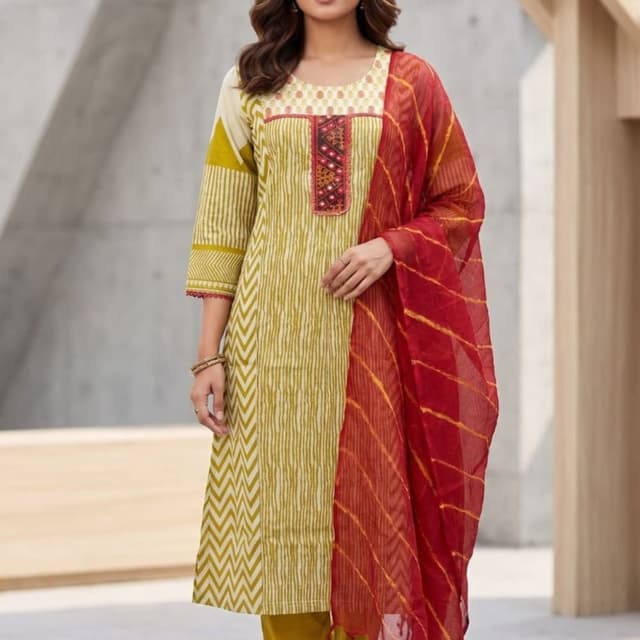Mustard Yellow, Off-white, Deep Red Salwar Kameez