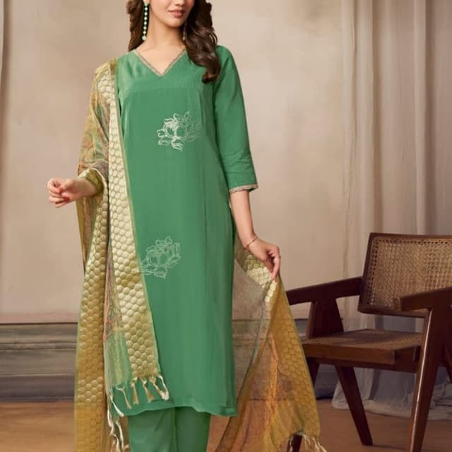 Sage green, metallic gold Salwar Kameez Set
