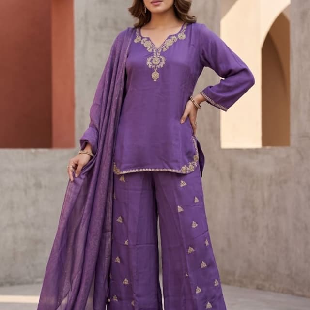 Deep purple, gold Kurta Set with Palazzos and Dupatta