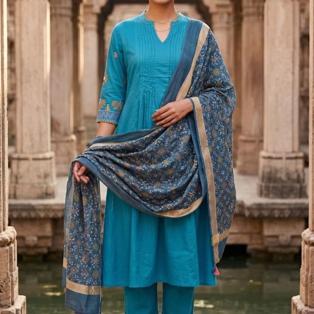 Teal blue, muted gold, and multicoloured floral print Kurta Set with Dupatta