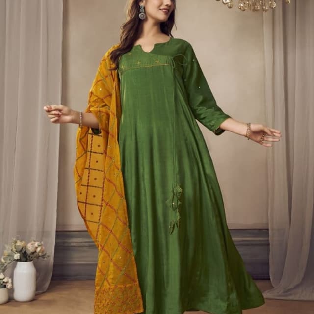 Olive Green and Mustard Yellow Salwar Kameez Set