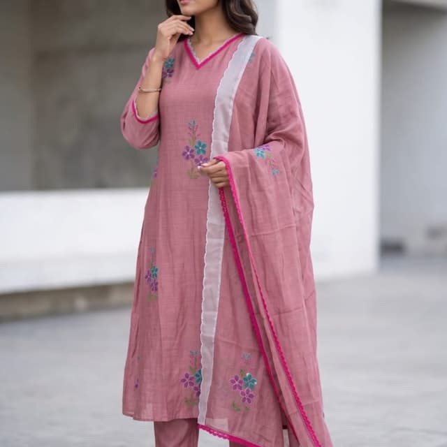 Dusty pink base with floral embroidery in blue, purple, and green, featuring a white scalloped trim Kurta Set with Dupatta