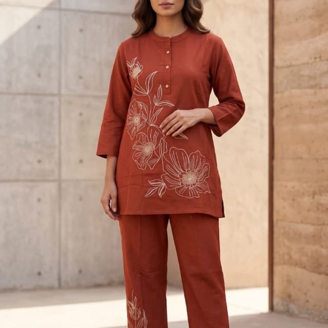 Rust brown base with cream-colored embroidery Co-ord set (Kurta and Pants)