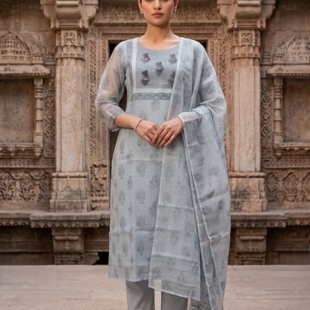 Light grey, muted blue-grey, charcoal grey accents Salwar Kameez Suit