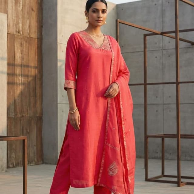 Coral Red/Pink Kurta Set with Dupatta