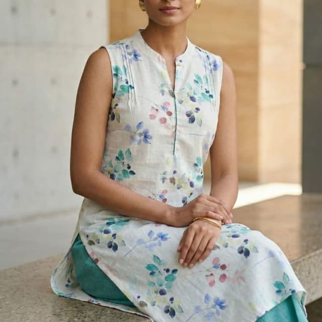 Off-white base with blue, green, and hints of muted red/pink floral leaf motifs Kurti with Palazzo pants