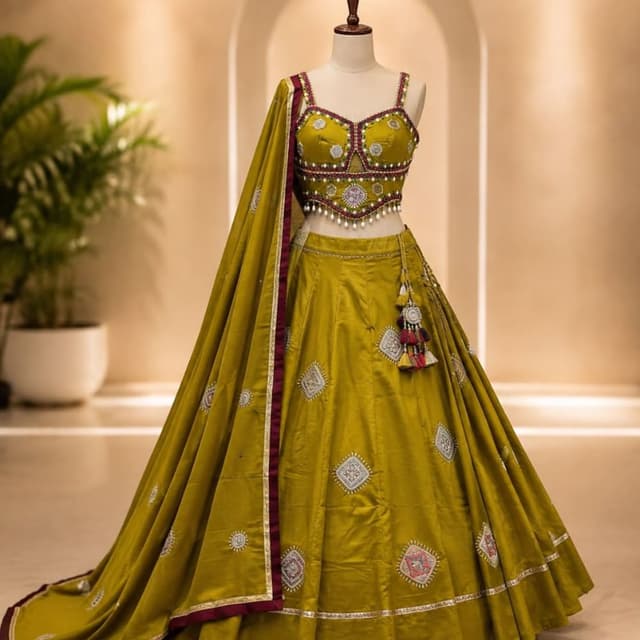 Olive Green, Maroon, Silver, Off-white Lehenga Choli