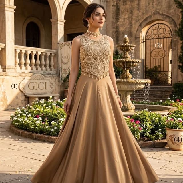 Beige, Gold Lehenga Choli