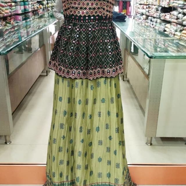 Black, Olive Green, Gold Peplum Top and Skirt Set