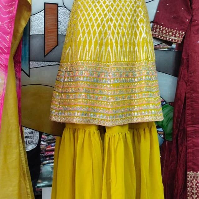 Mustard Yellow, Gold, multi-colored pastel embroidery Sharara Set