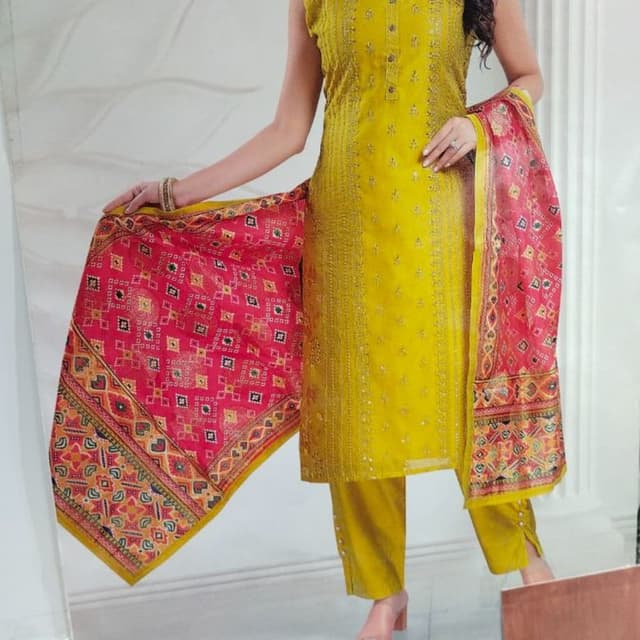 Mustard Yellow, Hot Pink, Multi-colored prints Salwar Kameez Suit Set