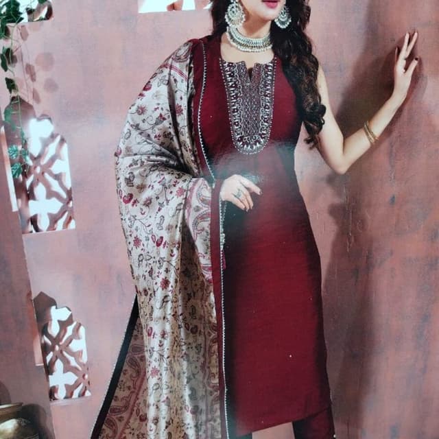 Deep maroon, off-white, and earthy multi-colored floral prints Salwar Kameez (Kurta set with dupatta)