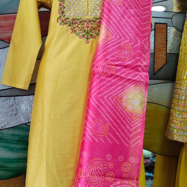 Bright yellow, vibrant pink, white accents Kurta Set with Dupatta