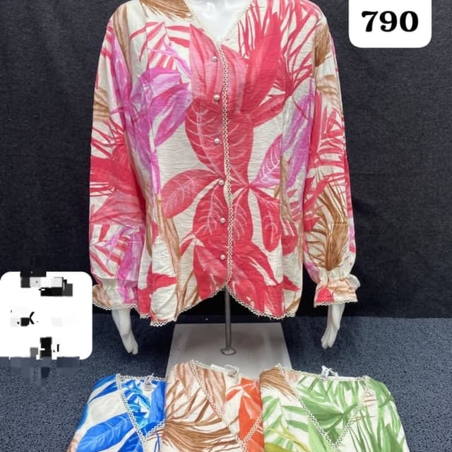 Off-white base with pink, red, and brown tropical leaf print Blouse
