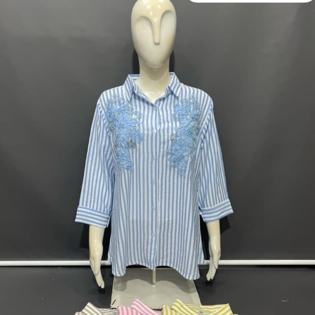 Light blue and white stripes with matching blue floral applique Shirt