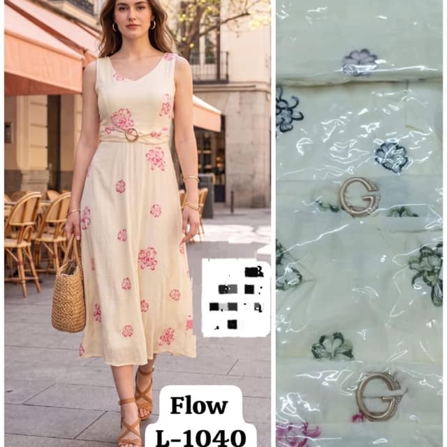 Off-white or cream base with pink floral accents Midi Dress