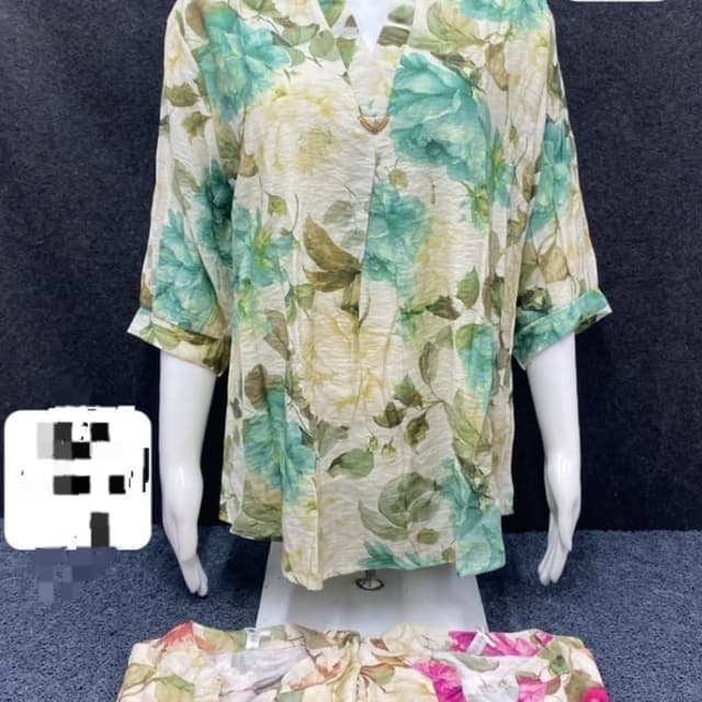 Off-white base with shades of teal, lime green, yellow, and fuchsia floral prints Tunic or Kurti