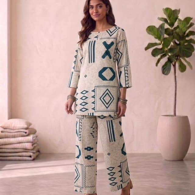 Off-white or beige base with deep teal or dark green geometric patterns Co-ord Set (Tunic and Pant)