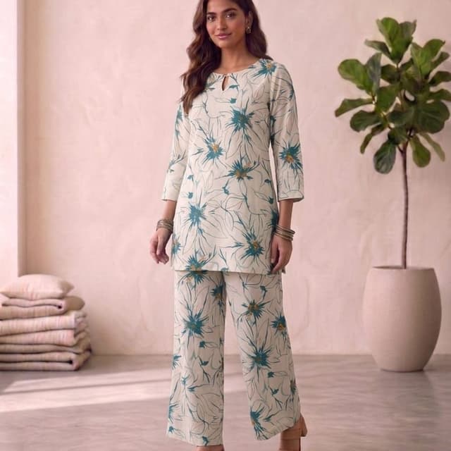 Off-white base with teal and mustard yellow floral accents Co-ord set