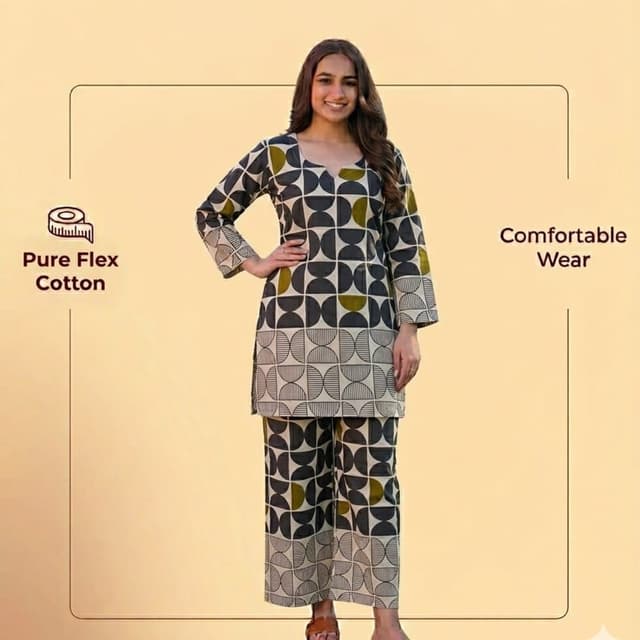 Off-white, charcoal grey, and olive green Co-ord set (Kurta and Pants)