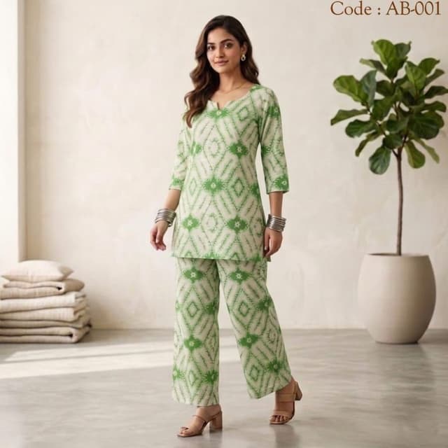 Off-white base with grass green print Co-ord Set (Kurta and Trousers)
