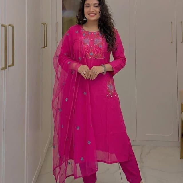Magenta pink with multi-colored thread work Kurta Set with Dupatta