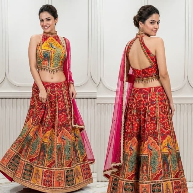 Red, Yellow, Orange, Teal, Pink Lehenga Choli