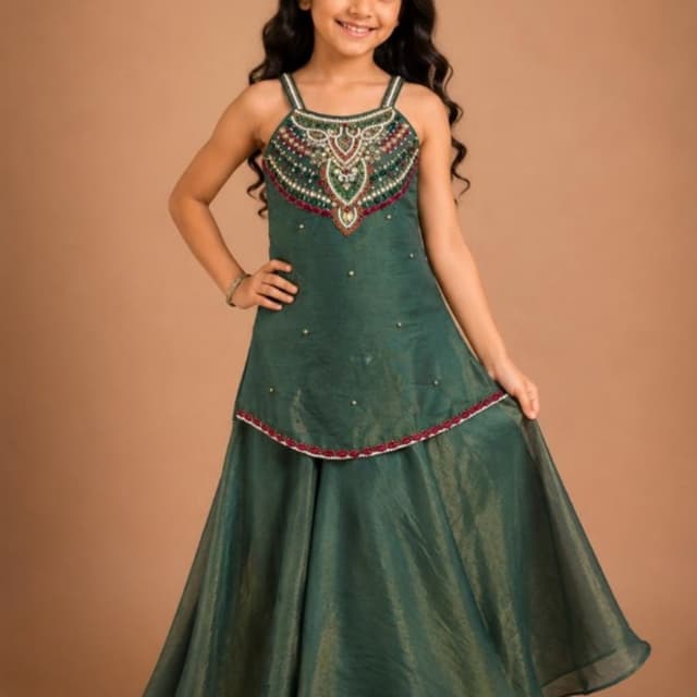Emerald Green with accents of gold, red, and off-white Lehenga Choli